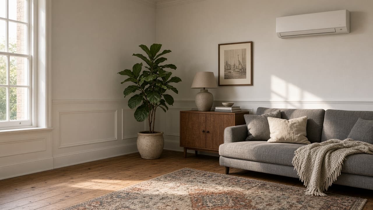 White wall-mounted air conditioner above the sofa in a London living room