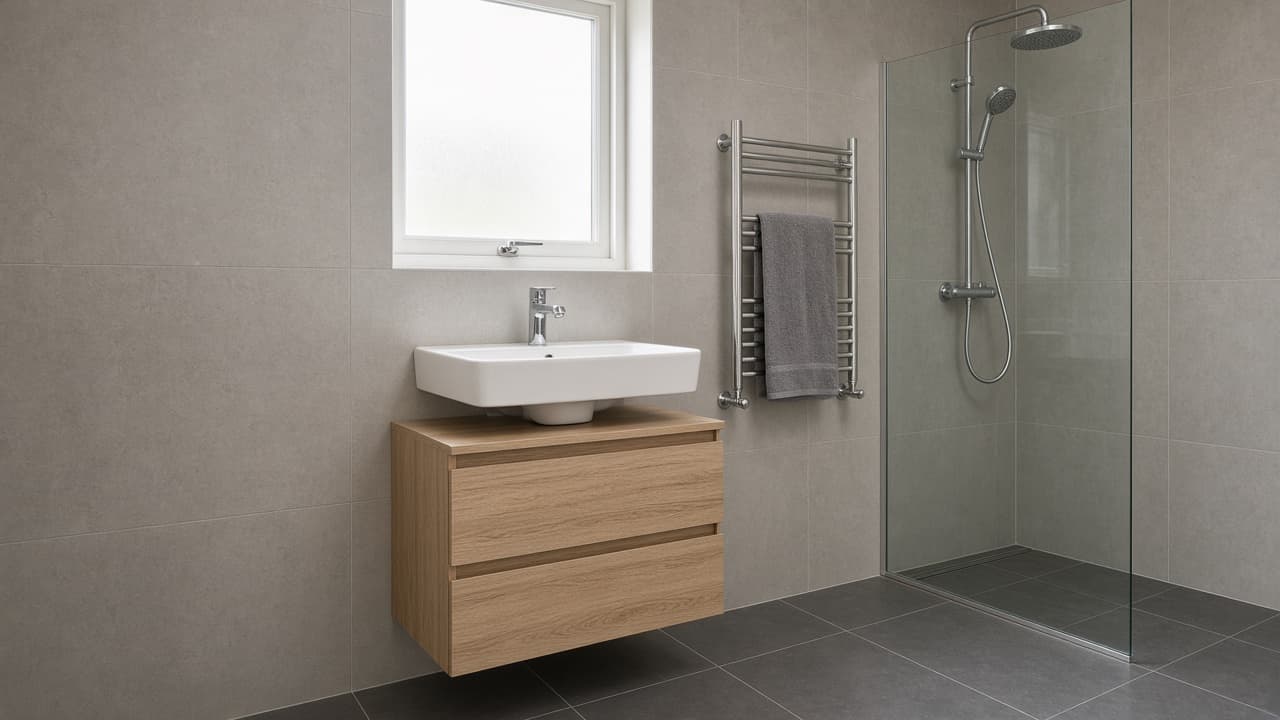 Newly fitted bathroom with a basin mixer, heated towel rail and thermostatic shower