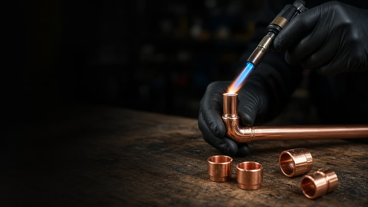 Plumber soldering a copper elbow joint with a blowtorch