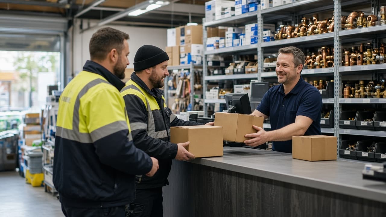 Tradesmen collecting orders at the London Plumbing Supplies counter