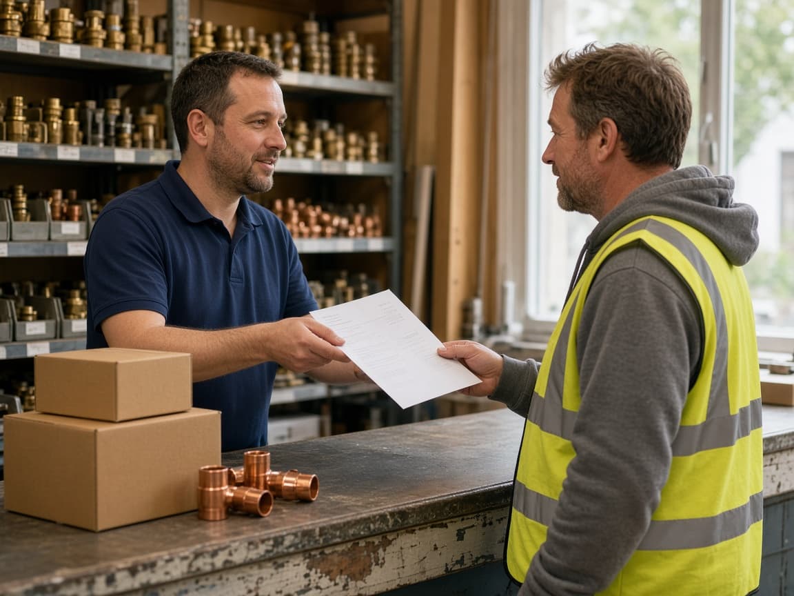 Counter staff handing a tradesman his order paperwork
