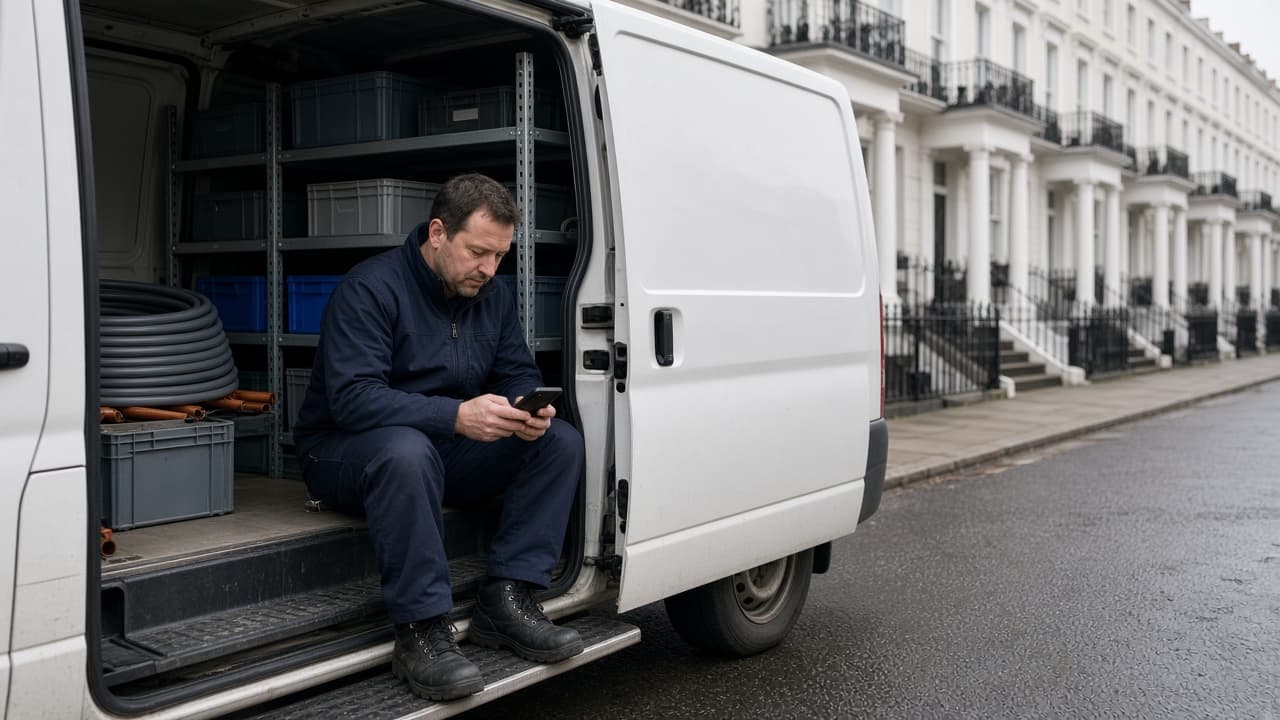 Plumber sitting in his van placing an order on his phone