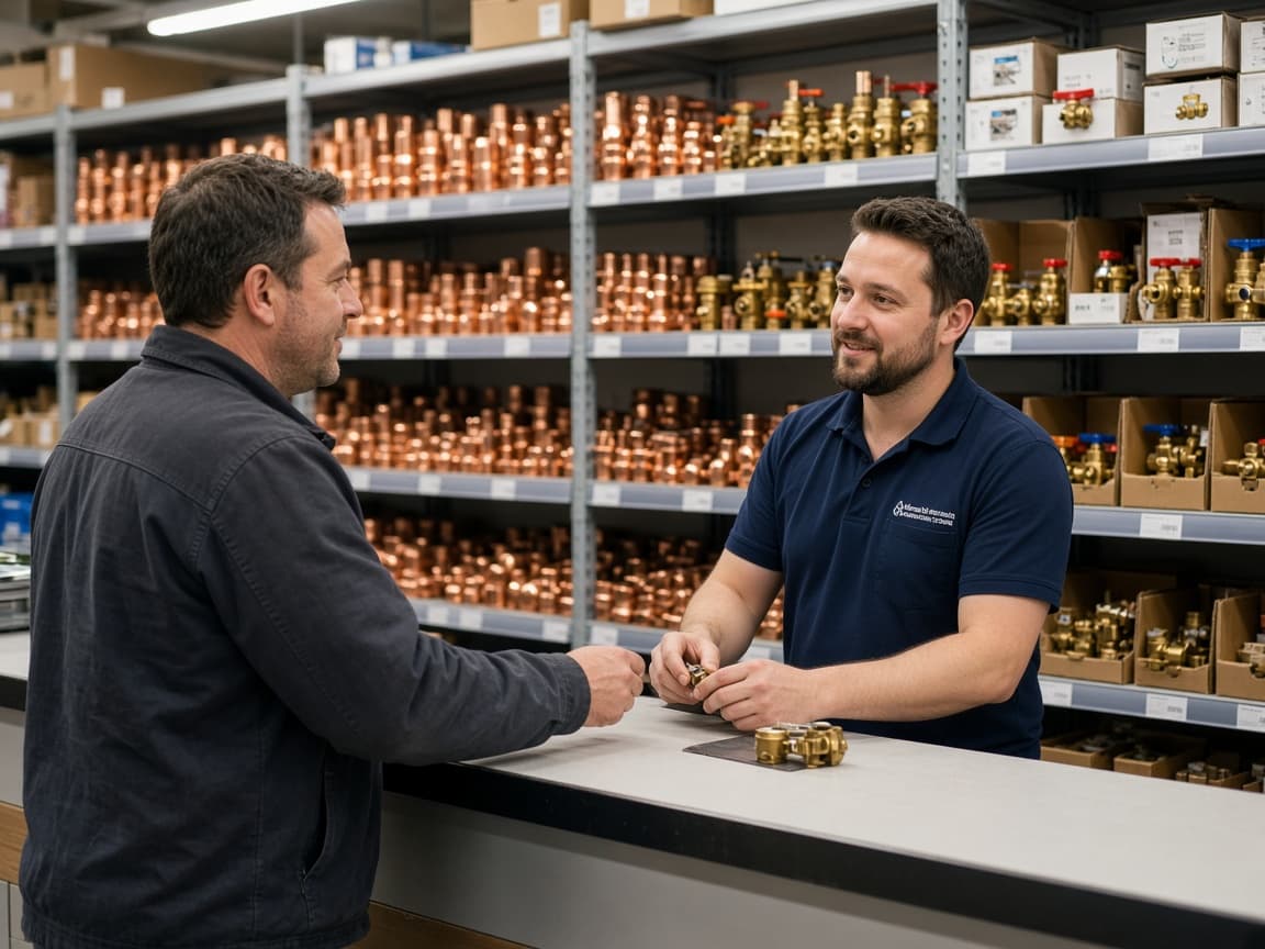 London Plumbing Supplies staff helping a tradesman at the trade counter