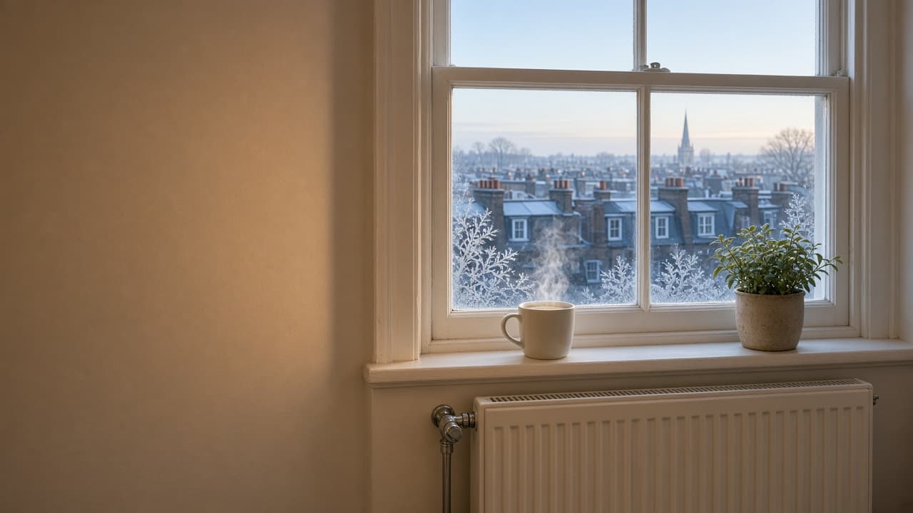 Radiator under a frosted sash window looking over snowy London rooftops